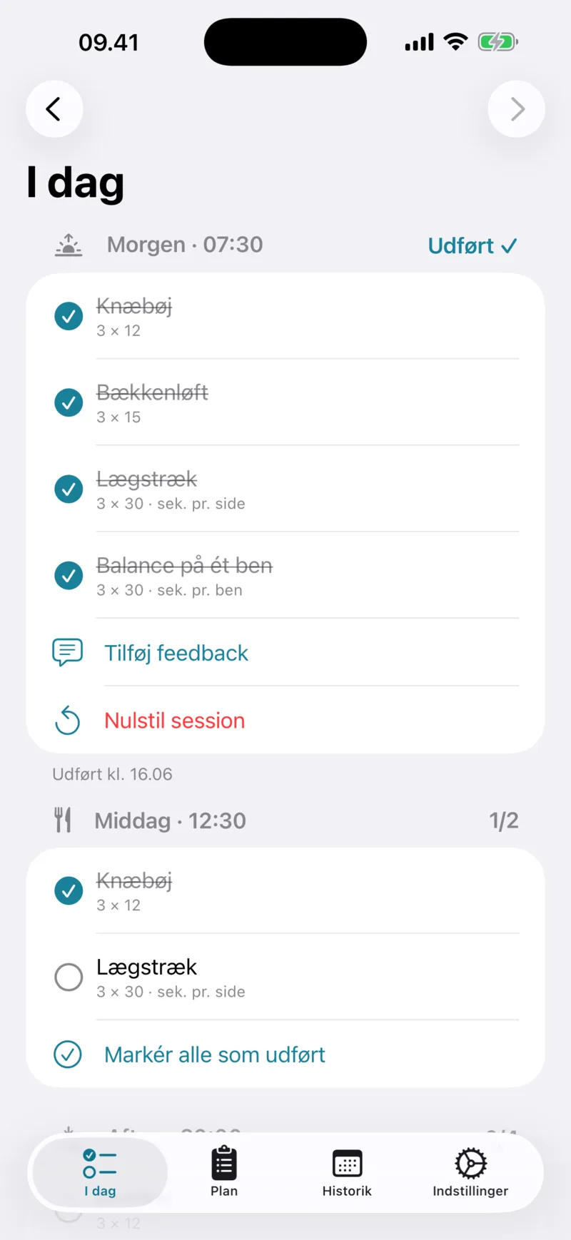 FysiCal-appens I dag-skærm med dagens sessioner og afkrydsede øvelser