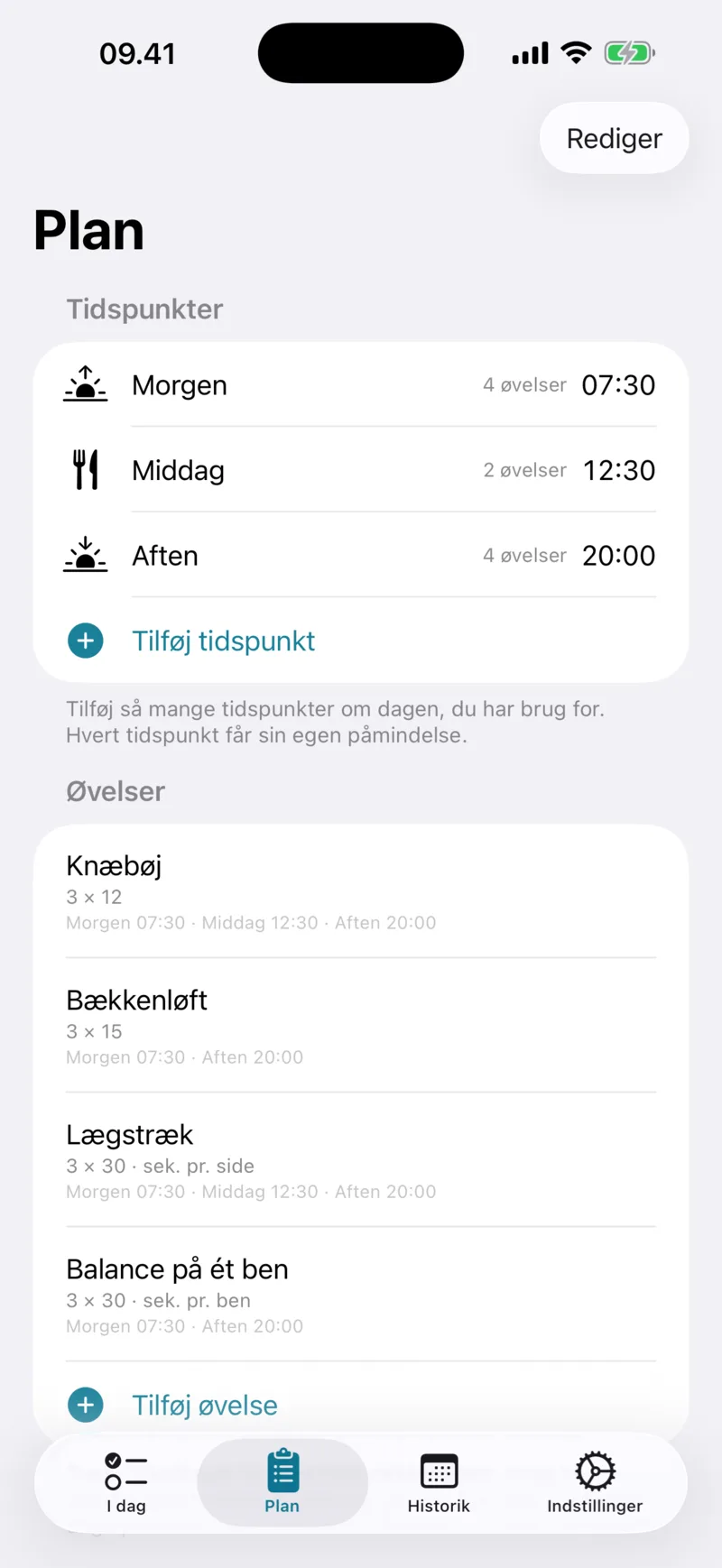 Plan-skærmen med tidspunkter og øvelser
