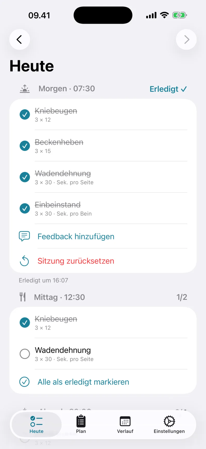 Der Heute-Bildschirm von FysiCal mit den Einheiten des Tages und abgehakten Übungen
