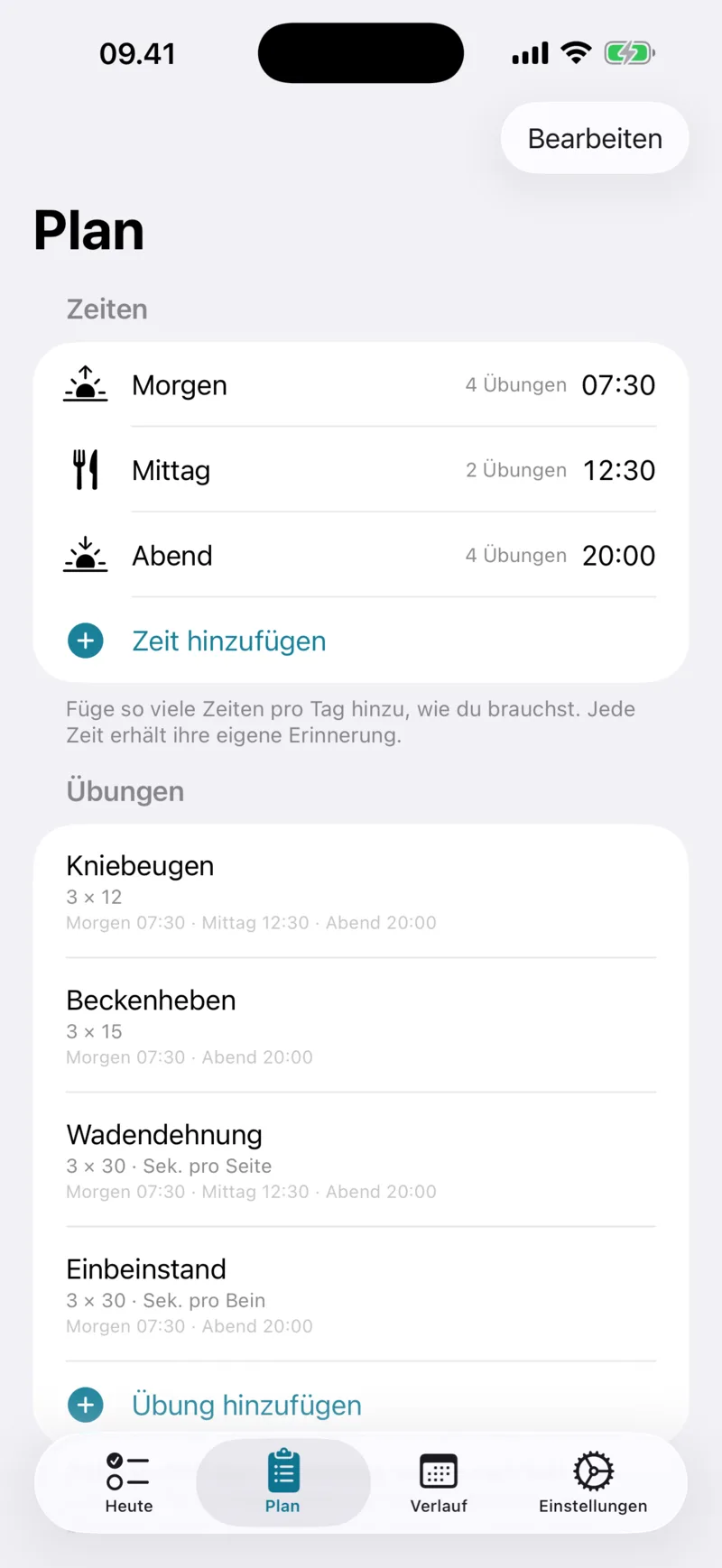 Plan-Bildschirm mit Zeiten und Übungen
