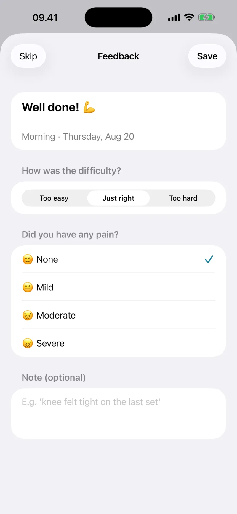 Feedback screen with difficulty and pain choices
