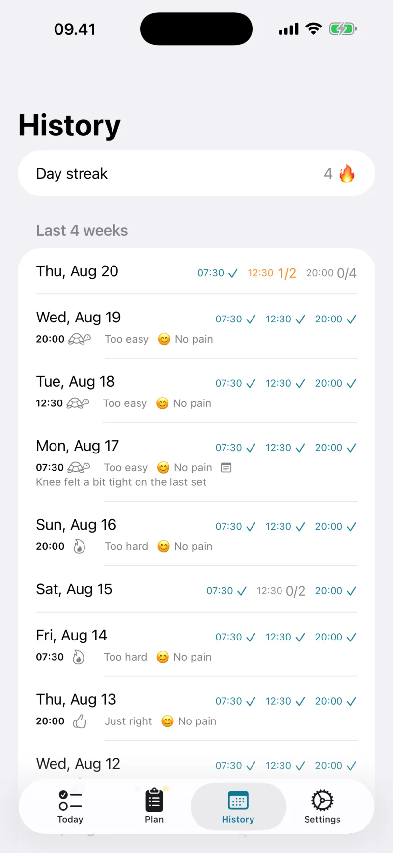 History screen with the last four weeks