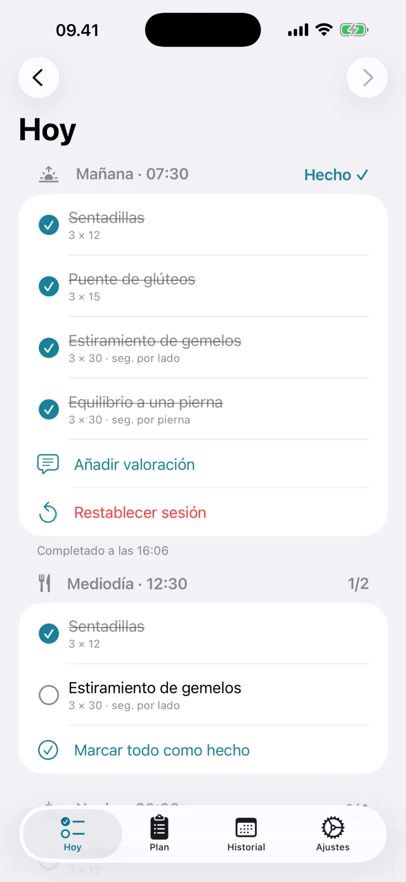 La pantalla Hoy de FysiCal con las sesiones del día y los ejercicios marcados