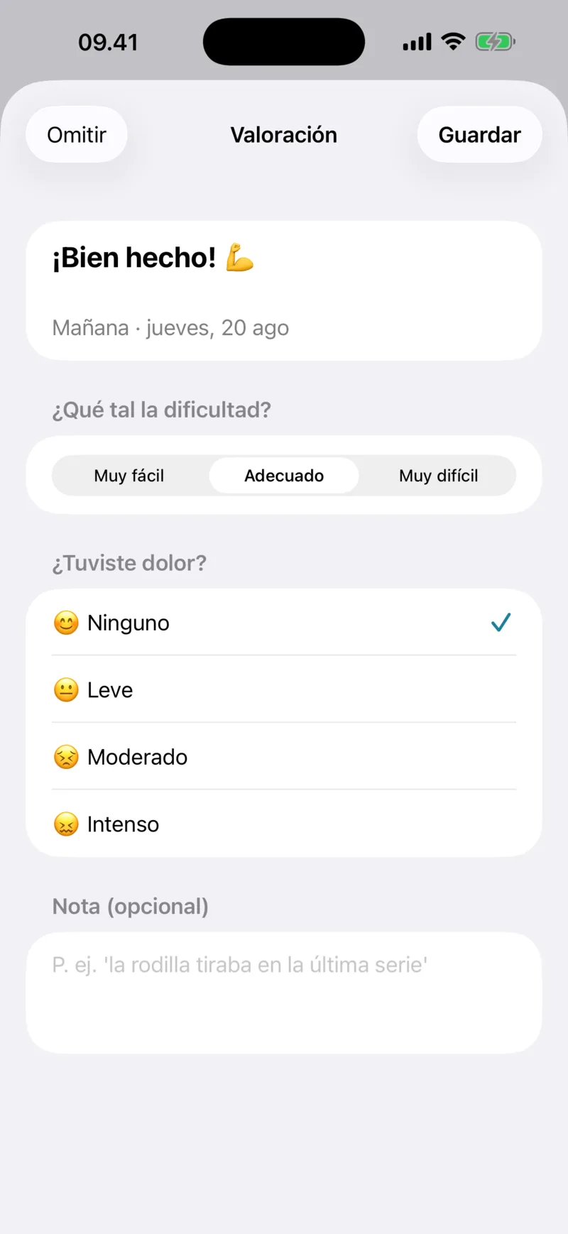 Pantalla de valoración con dificultad y dolor