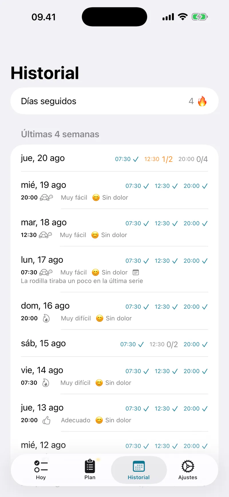 Pantalla Historial de las últimas cuatro semanas