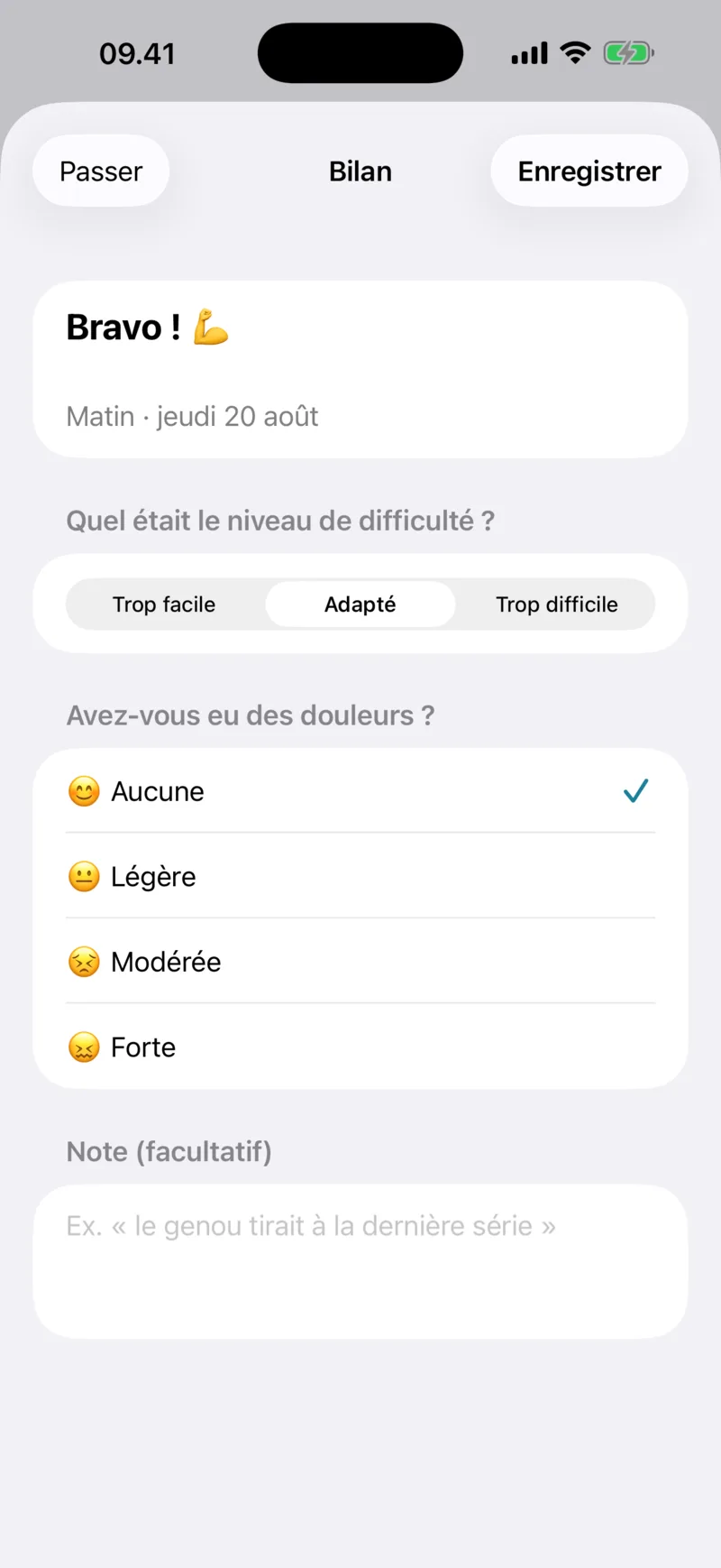 Écran de retour avec choix de difficulté et de douleur