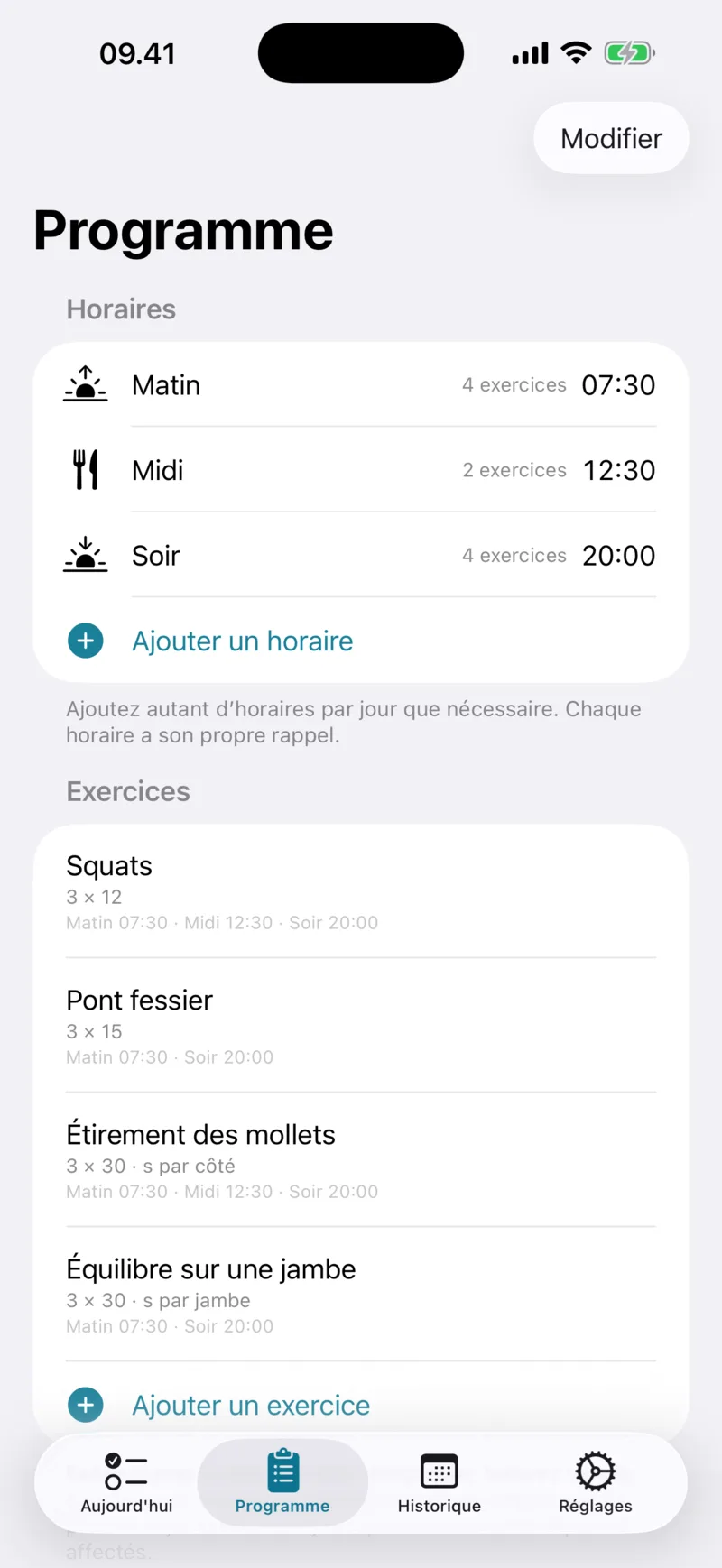 Écran Programme avec horaires et exercices
