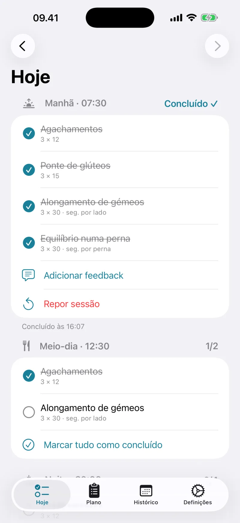 O ecrã Hoje do FysiCal com as sessões do dia e os exercícios assinalados